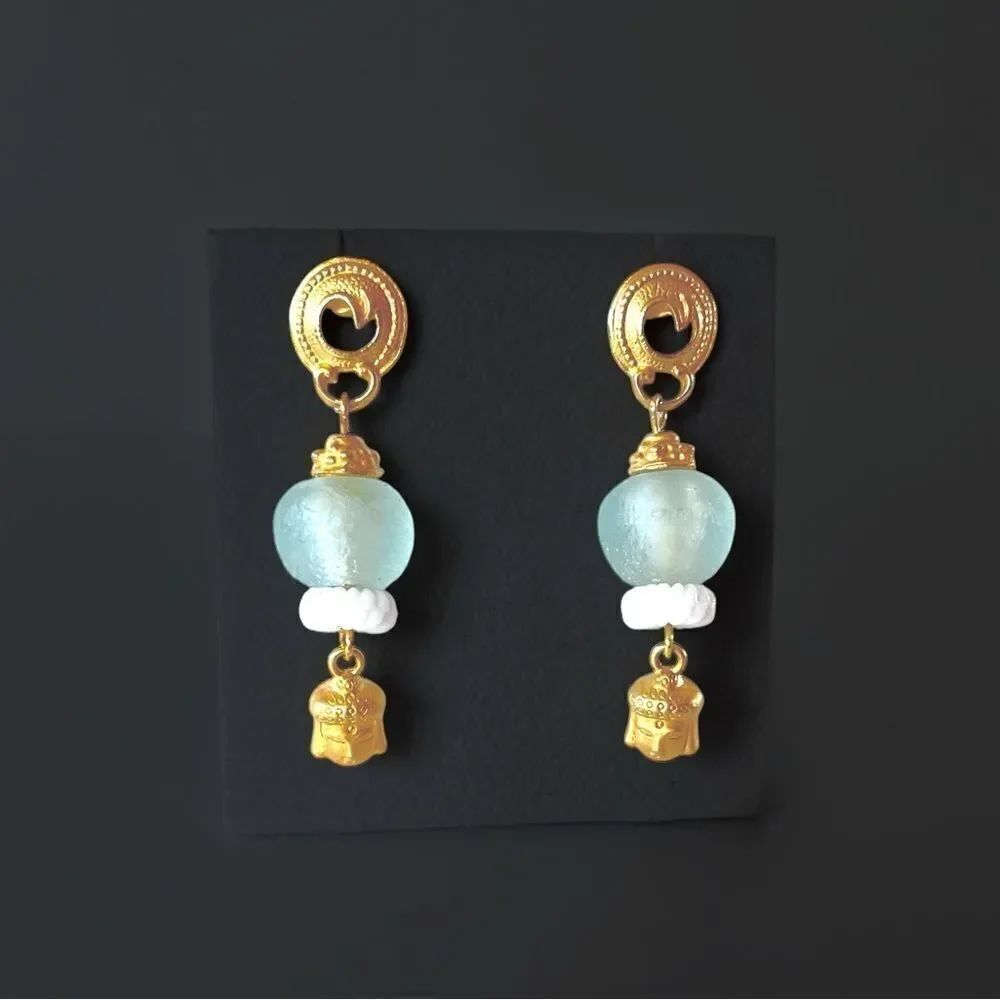 Gold Buddha Sea Glass Drop Earrings